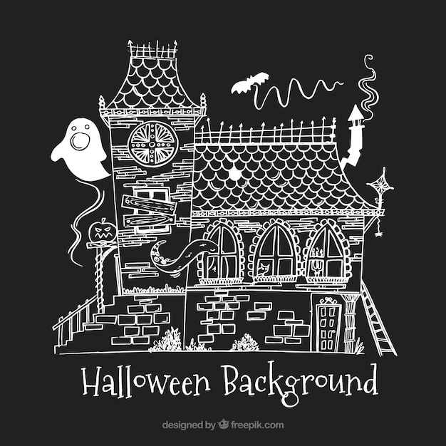 Black background with an hand-drawn enchanted house