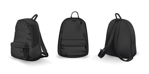 Black backpack design front back and side view set College or school rucksack mockup