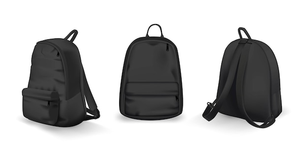 Black backpack design front back and side view set College or school rucksack mockup