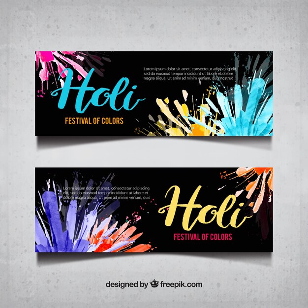 Free vector black banners with color stains for holi festival