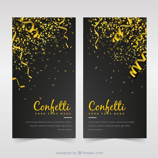 Black banners with golden streamer and confetti