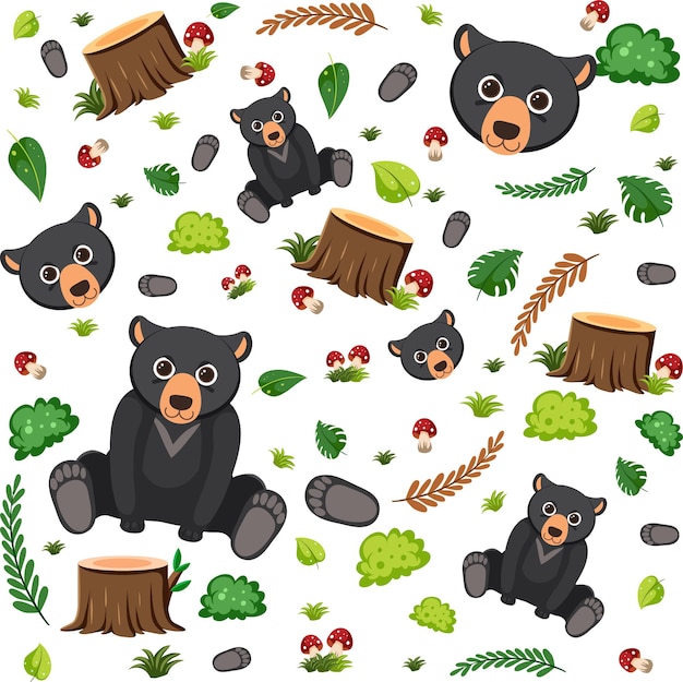 Free vector black bear cute animal seamless pattern