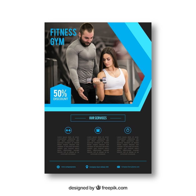 Free vector black and blue gym flyer template with image