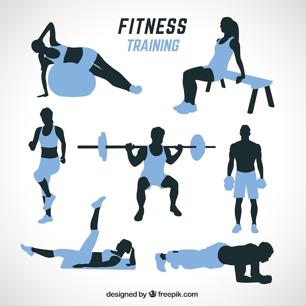 Black and blue silhouettes doing different workouts