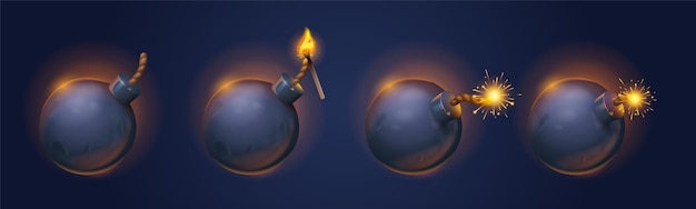 Бесплатное векторное изображение Черные шарики-бомбы с горящим предохранителем и спичками