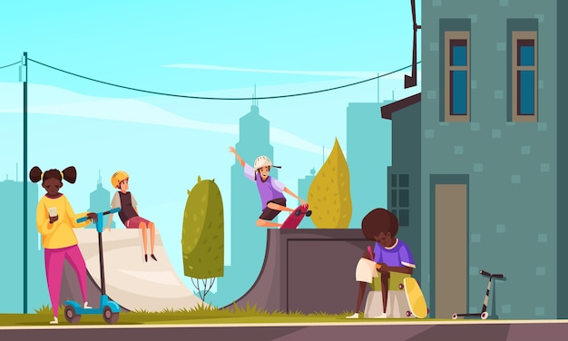 無料ベクター 街並みの背景の漫画のベクトル図のランプで10代の若者とスケートボードで屋外で時間を過ごす黒人の男の子と女の子