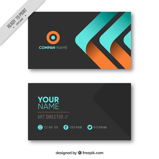 Black business card with blue and orange elements