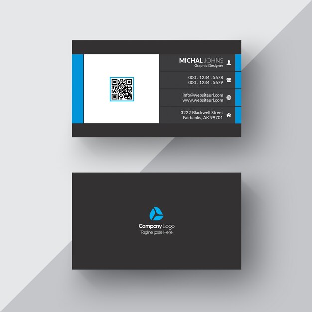 Черная визитная карточка с белыми и синими деталями