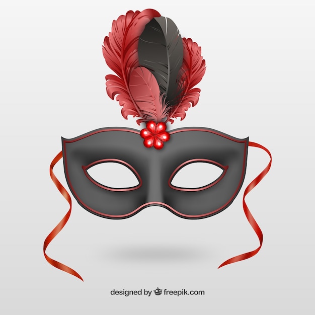 Black carnival mask with red feathers