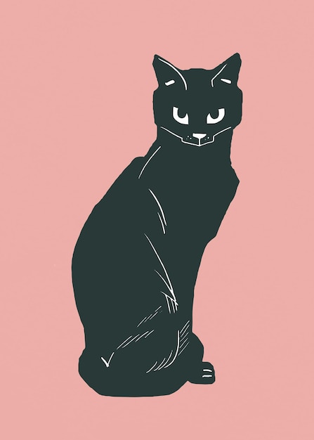 Free vector black cat animal vintage linocut drawing