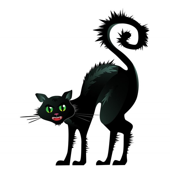 Black cat arching back illustration. Pet, terror, fear. Halloween concept. 