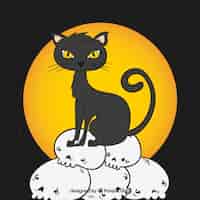 Vettore gratuito sfondo di gatto nero con teschi disegnati a mano