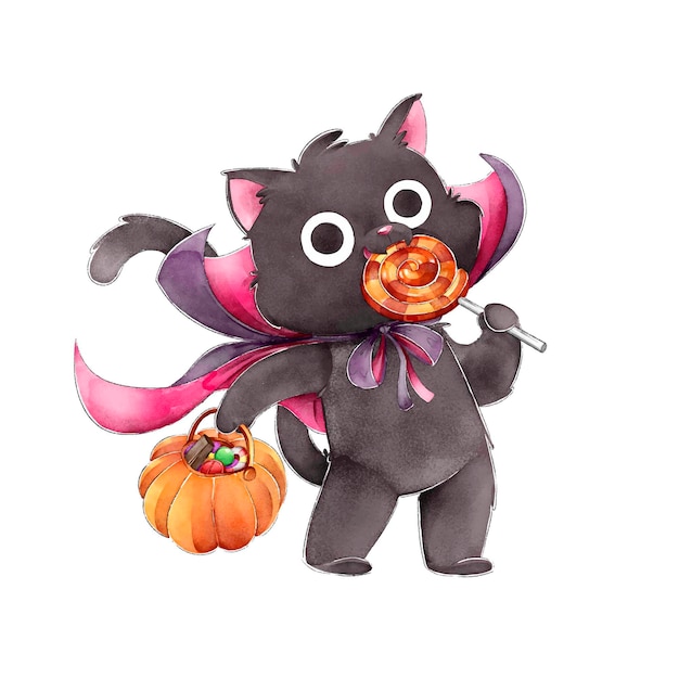 キャンディーハッピーハロウィンを食べる黒猫