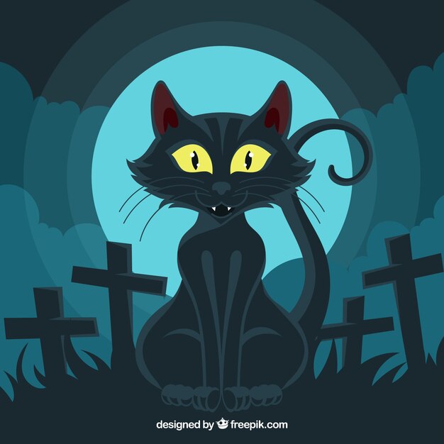 Free vector black cat halloween background in the cemetery