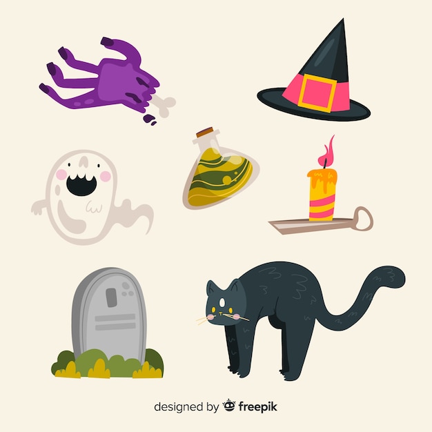 Free vector black cat and halloween objects collection