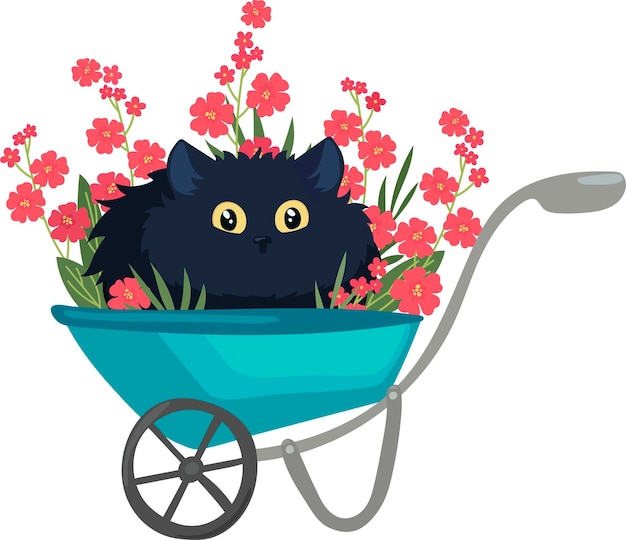赤い花 面白いベクトルイラストと庭の手押し車の黒猫 プレミアムベクター