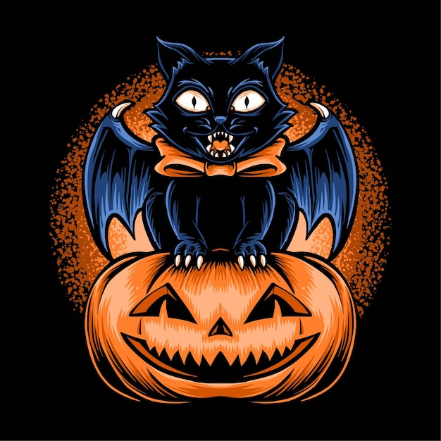 Black cat with pumpkins head illustration