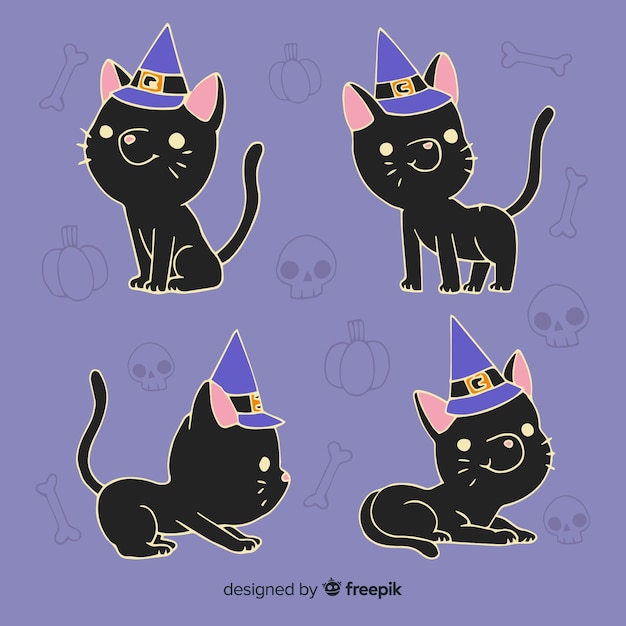 Free vector black cat with witch hat hand drawn