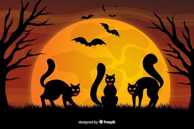 黒猫と満月のハロウィーンの背景