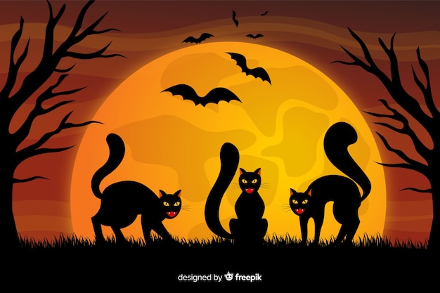 Черные кошки и полная луна Хэллоуин фон