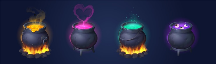 Free Vector black cauldrons with boiling magic potions