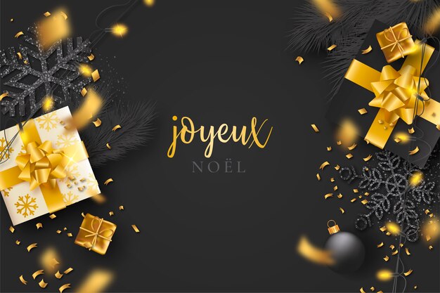 Black Christmas Background with Confetti and Golden Presents