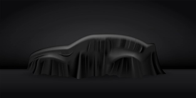 Black cloth drapery covering car Silk fabric hanging on gift for surprise reveal