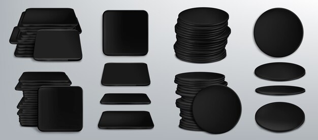 Black coasters for beer cups or tankards, blank cardboard mats for mug of square and round shapes