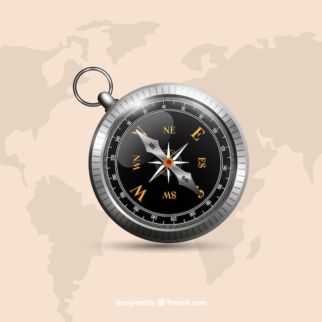 Black compass on world map background