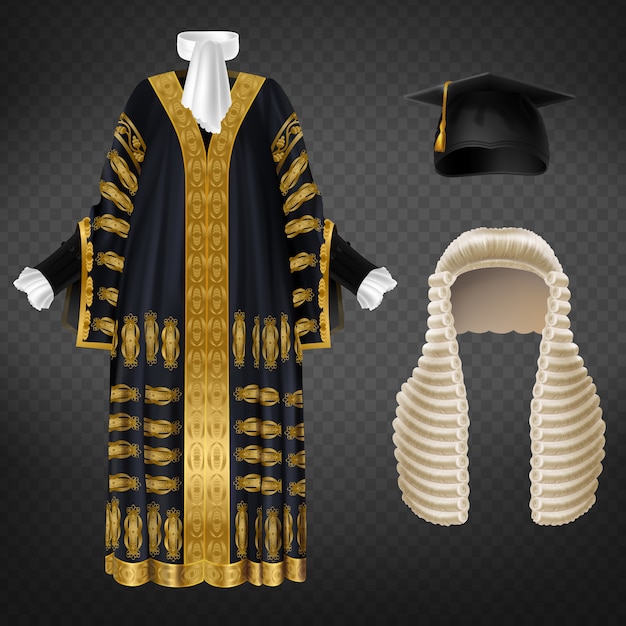 Free vector black court gown with gold decorative embroidery, long wig with curls and mortarboard cap