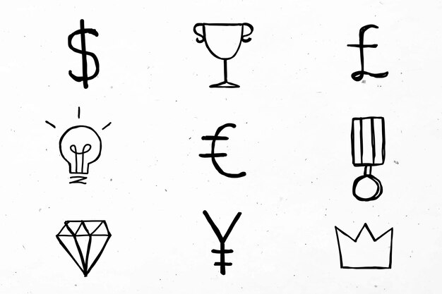 Black  currency symbols icons doodle set
