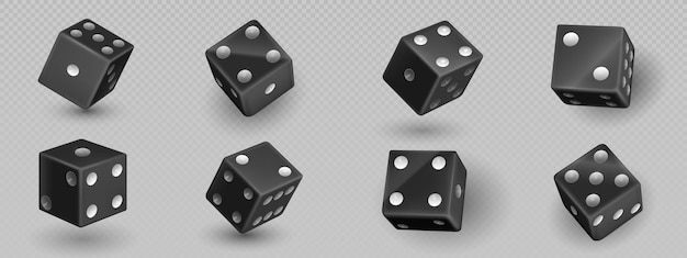 Бесплатное векторное изображение Черные кости 3d векторная иллюстрация набор падающие и качающиеся реалистичные кубики для азартных игр и казино игра концепция квадратные кости или кости игра кусок с разным количеством белых точек на каждой стороне