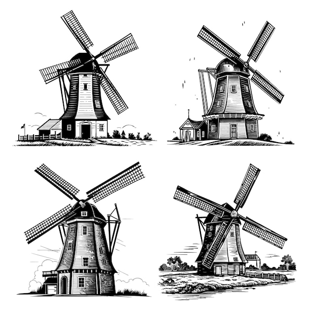 Free vector black dutch windmill design collection