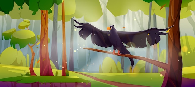 黒鷲のハヤブサまたはタカは森の木に座る