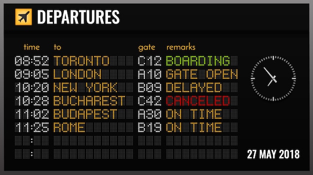 Black electronic airport board realistic composition with departures time gates and flight directions illustration