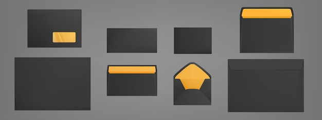 Free vector black envelopes template set. blank paper covers