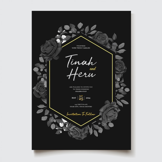 Free vector black floral wedding invitation card template