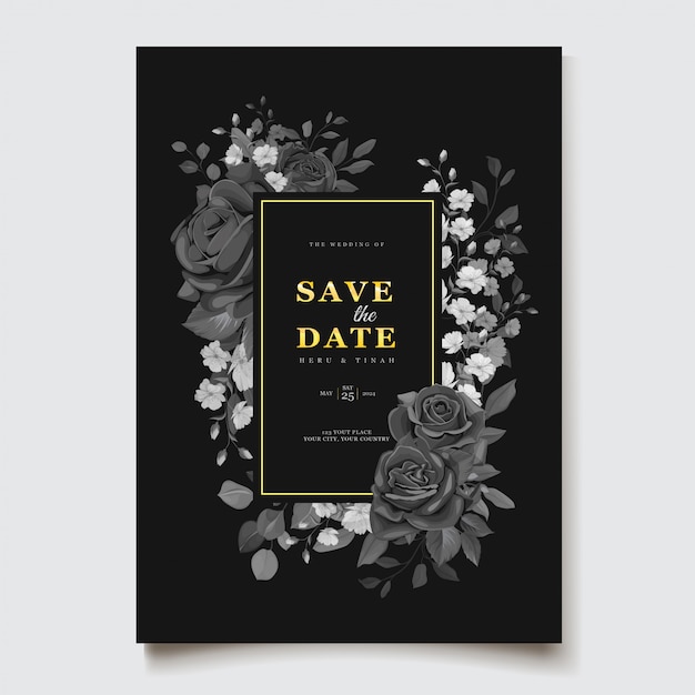 Free vector black floral wedding invitation card template