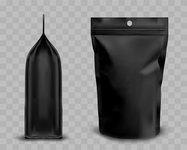 Бесплатное векторное изображение Мешочек из черной фольги на молнии, дой-пак для еды