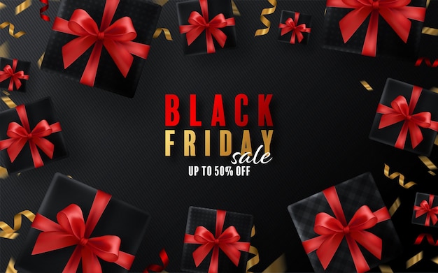 Black friday background gift box, red ribbon and gold  floating ribbon with craft style. Premium Vector