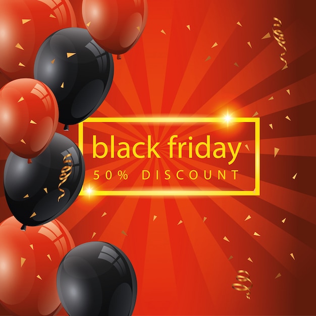 Free vector black friday banner and fifty discount with balloons helium decoration