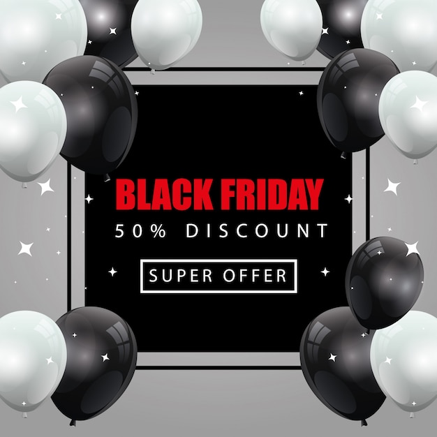 black friday banner and fifty discount with balloons helium decoration   