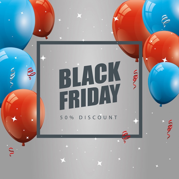 black friday banner and fifty discount with balloons helium decoration   