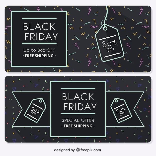 Striscioni black friday con etichette decorative