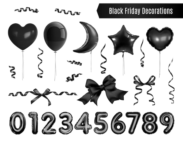 Free vector black friday decorations realistic set with dark glossy helium balloons numbers streamers ribbons and bows on white background isolated vector illustration