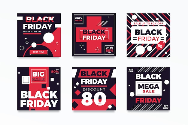 Free vector black friday instagram posts in flat design