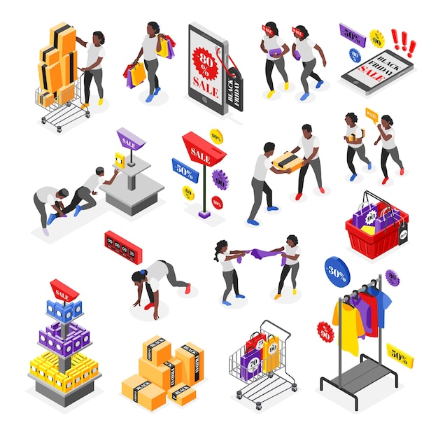 Free vector black friday isometric color set of shopaholic people characters rush shopping in store during sale isolated vector illustration