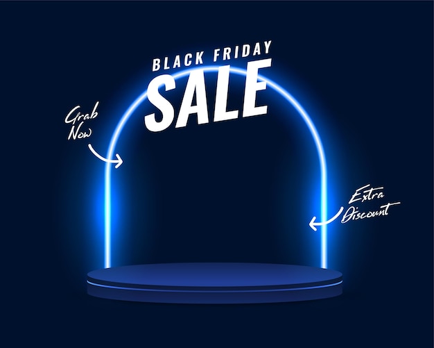 black friday mega sale background with podium stand and neon frame vector