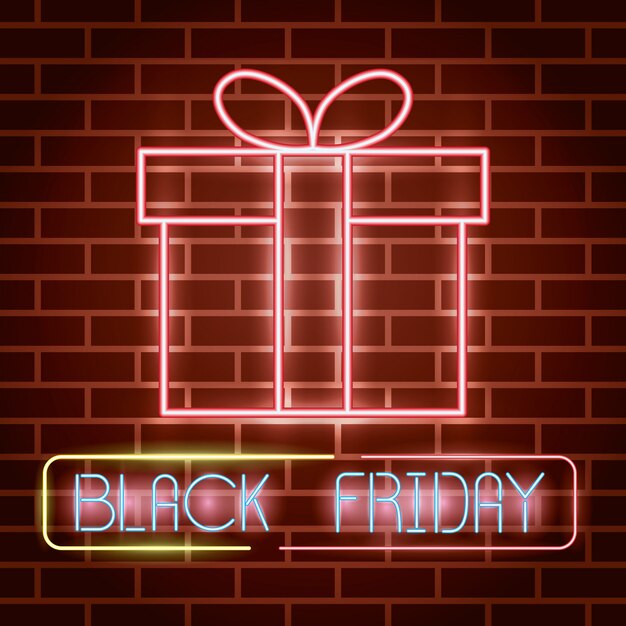 Black friday neon lights label with gift