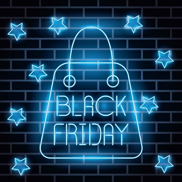 Black friday neon lights label with shopping bag